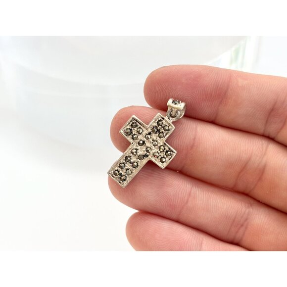 Cross Shaped Marcasite Accented Geometric Sterling Silver 925 Vintage Pendant - Picture 4 of 9